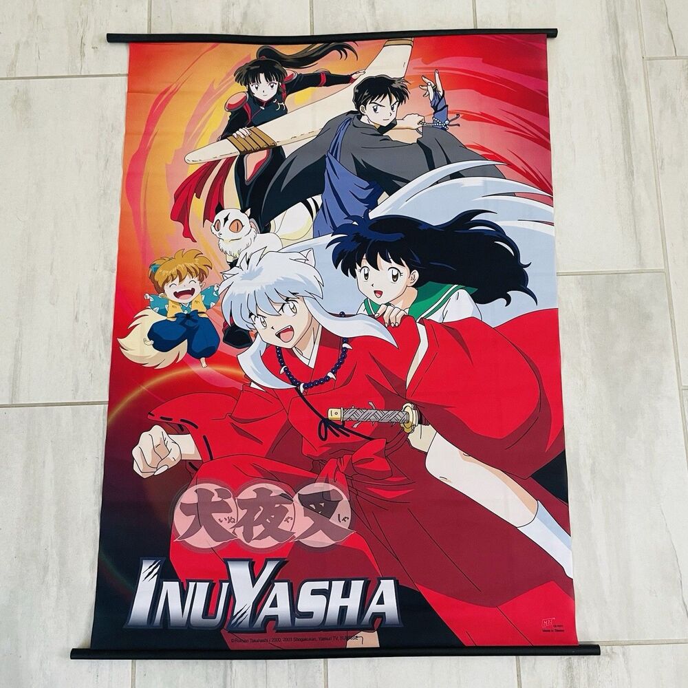 InuYasha Anime Fabric Wall Scroll Poster Group Cast BENT RODS Vintage 42x30"